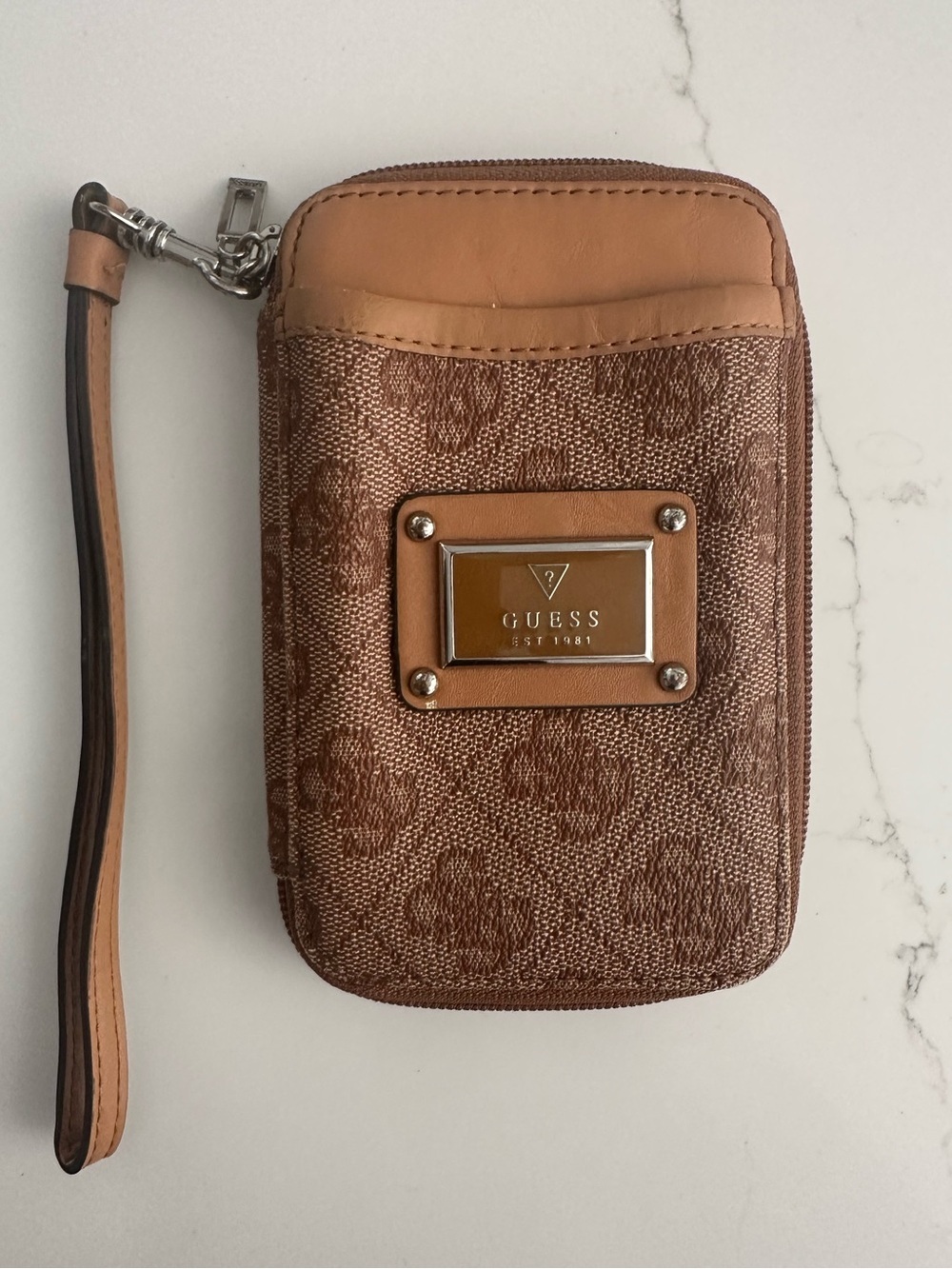GUESS Vintage Brown Monogram Wristlet Clutch Card Phone Pouch